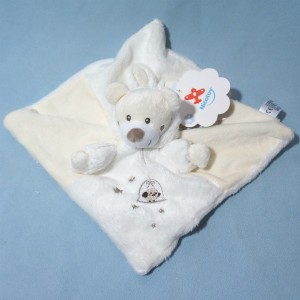 Ours NICOTOY doudou carré plat blanc capuche lapin