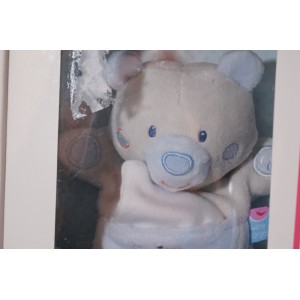 Ours SUCRE D'ORGE doudou Cajou beige et bleu mouchoir blanc