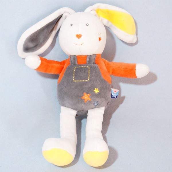 Lapin SUCRE D'ORGE doudou blanc salopette grise pull orange étoiles