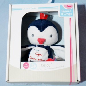 Pingouin SUCRE D'ORGE doudou Cajou bleu marine et blanc mouchoir blanc