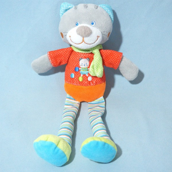 Chat MOTS D'ENFANTS doudou gris rouge orange écharpe verte