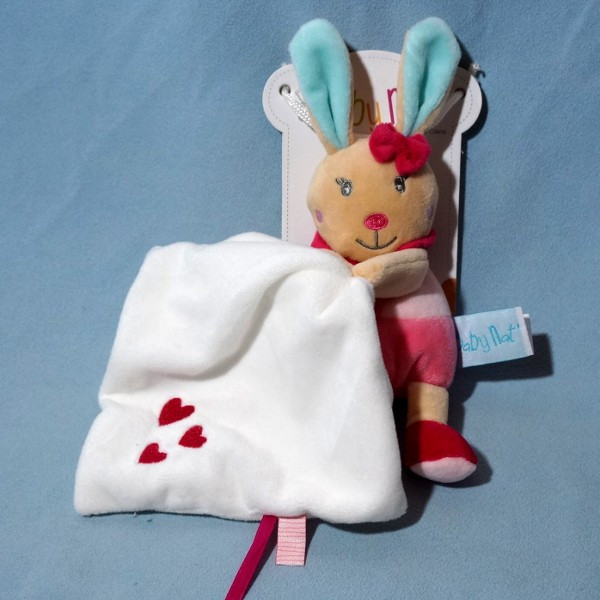 Doudou Plat Babynat Baby Nat - Lapin Poupi Rose/blanc, Attache Tétine (neuf)