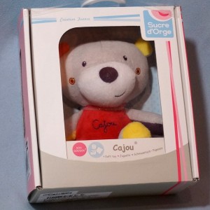 Ours SUCRE D'ORGE doudou Cajou gris et rouge mouchoir blanc