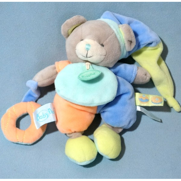 Ours BABY NAT doudou "gourmandise" bleu orange et vert