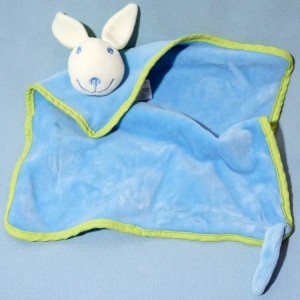 lapin VERTBAUDET doudou carré plat bleu et vert