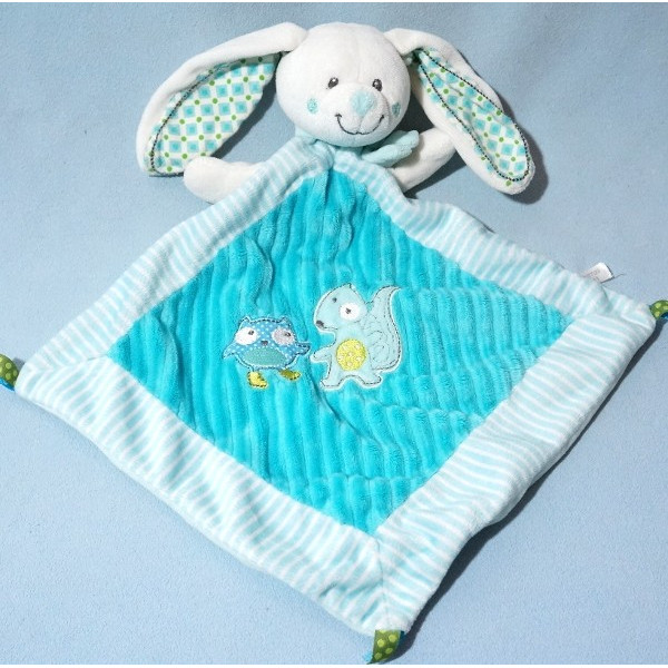 Lapin MOTS D'ENFANTS doudou plat bleu et blanc