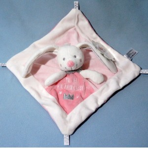 Lapin NICOTOY SIMBA doudou carré plat rose "Tu es ma princesse"