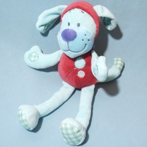 Chien TEX CARREFOUR doudou bleu avec capuche rouge