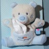 Ours SUCRE D'ORGE doudou Cajou beige et bleu mouchoir blanc