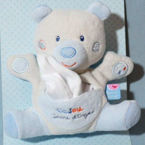 Ours SUCRE D'ORGE doudou Cajou beige et bleu mouchoir blanc
