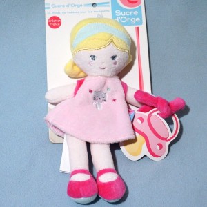 Poupée SUCRE D'ORGE sos doudouattache tétine rose