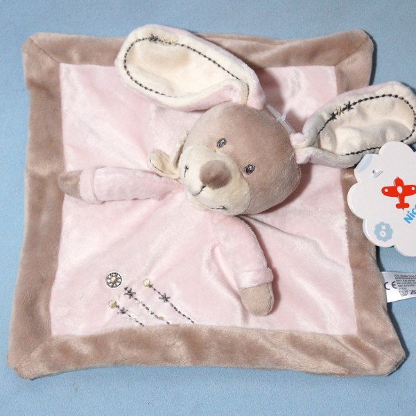 Lapin NICOTOY doudou carré plat rose