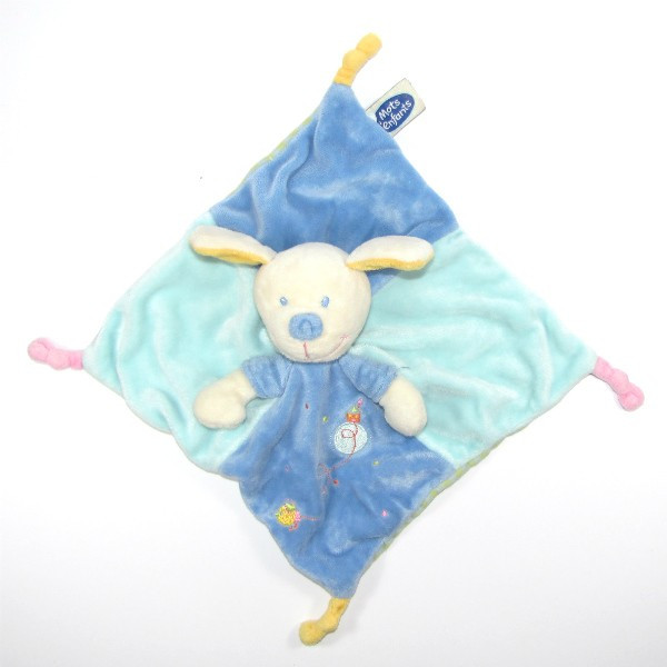 MOTS D'ENFANTS doudou plat chien blanc salopette bleu