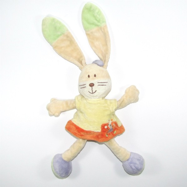 MOTS D'ENFANTS doudou lapin beige, robe orange et jaune