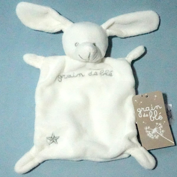 Lapin GRAIN DE BLÉ doudou plat blanc écru étoile