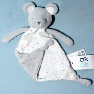 Souris OBAIBI doudou plat gris et blanc étoiles lunes