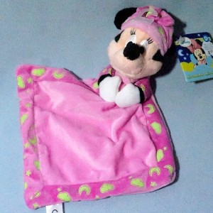 Minnie DISNEY NICOTOY (Gémo, Kiabi) sos doudou carré plat rose Brille dans la nuit