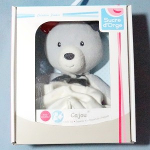 ours SUCRE D'ORGE doudou Cajou gris mouchoir blanc