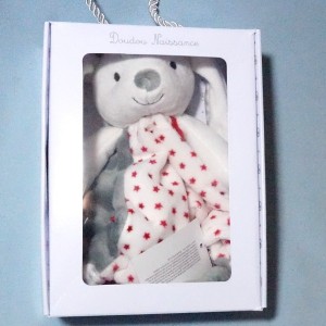 Lapin OBAIBI doudou plat blanc, rouge et gris étoiles