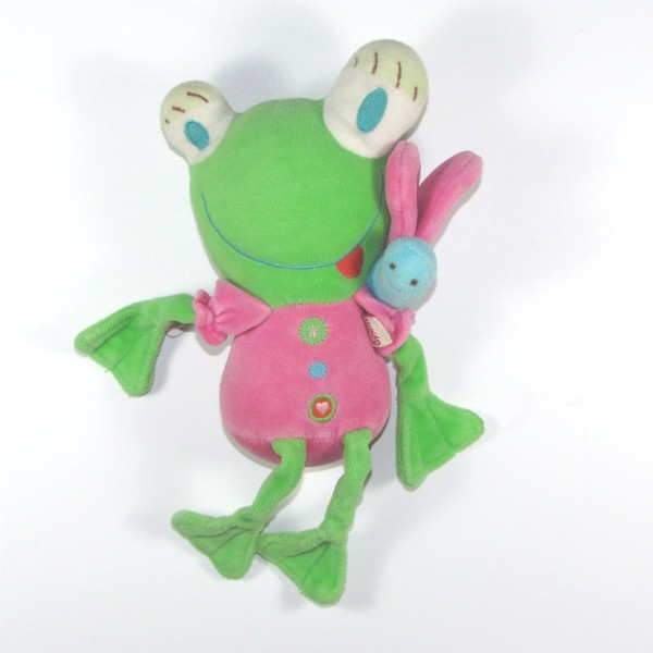 Grenouille DPAM doudou Du Pareil Au Même vert et rose papillon