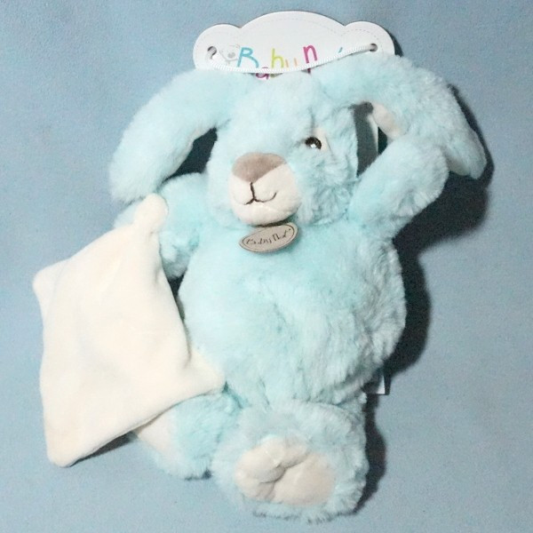 Lapin BABY NAT peluche bleu menthe doudou plat blanc