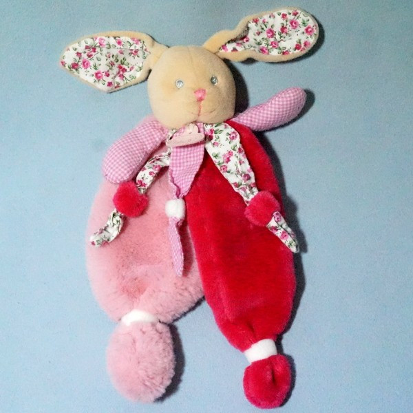 Lapin BABY NAT doudou plat rose et fleurs "Poupi"