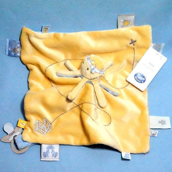Calypso la pieuvre NOUKIE'S doudou Tidou carré plat bleu et jaune