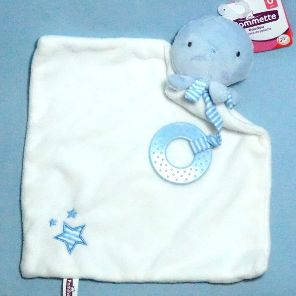 Poulpe POMMETTE peluche bleue et doudou blanc
