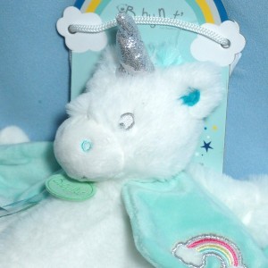 Licorne BABY NAT doudou plat blanc et bleu arc-en-ciel BN0338