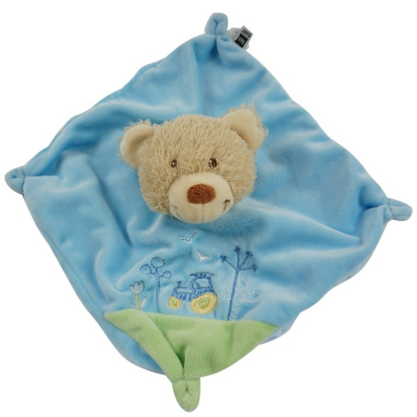 Ours TEX CARREFOUR doudou carré plat bleu et vert tracteur