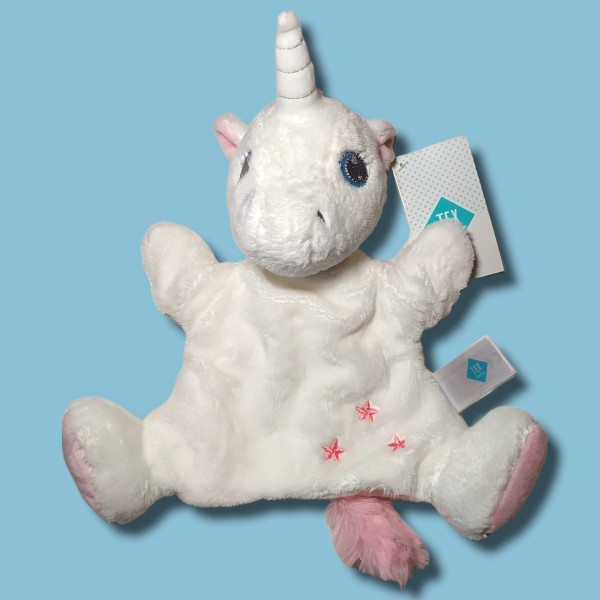 Licorne TEX Carrefour doudou marionnette blanc et rose