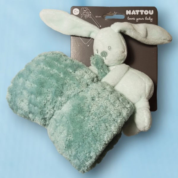 Lapin NATTOU doudou couverture vert menthe